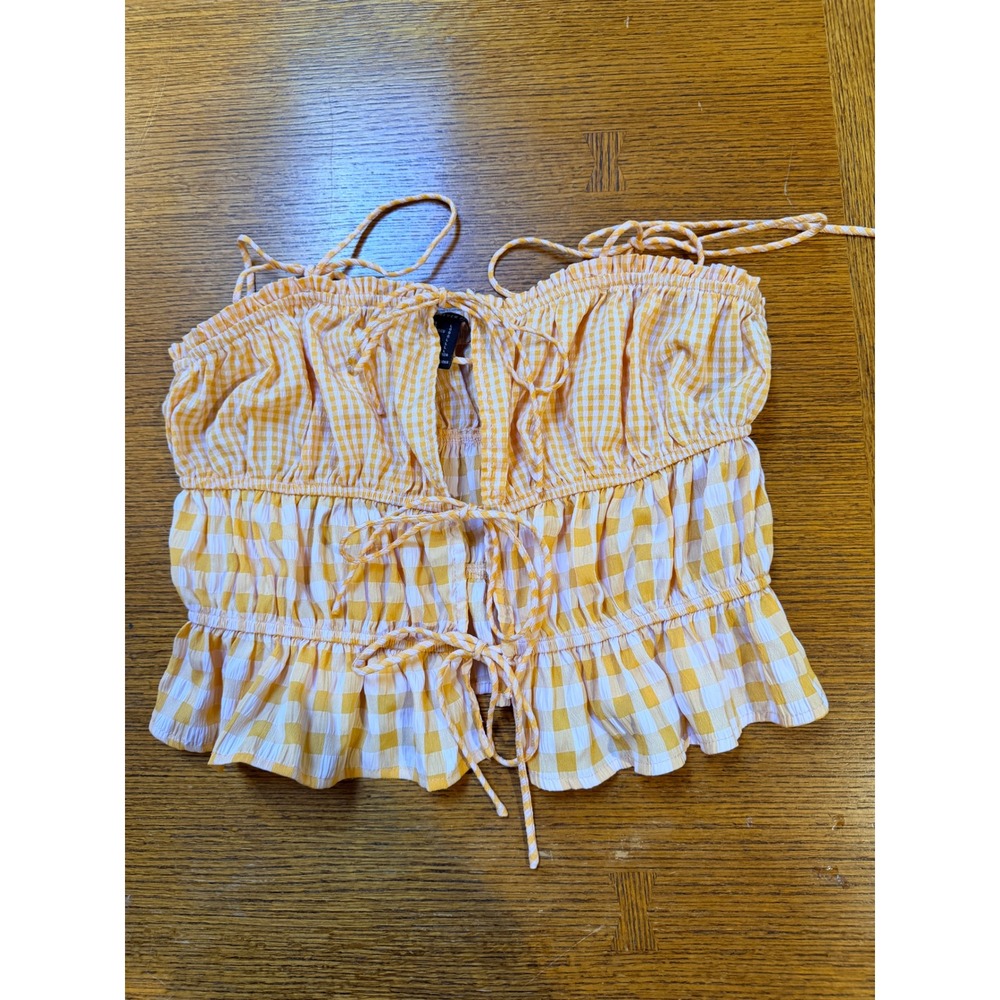 Forever 21 Yellow Gingham Tie Front Crop Top Smocked Ruffle Hem Large